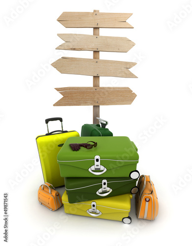 Photo: Baggage and wooden sign Baggage and wooden sign