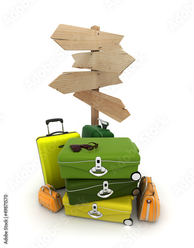 Photo: Baggage and wooden sign Baggage and wooden sign