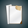 Open white book and vintage paper note, vector