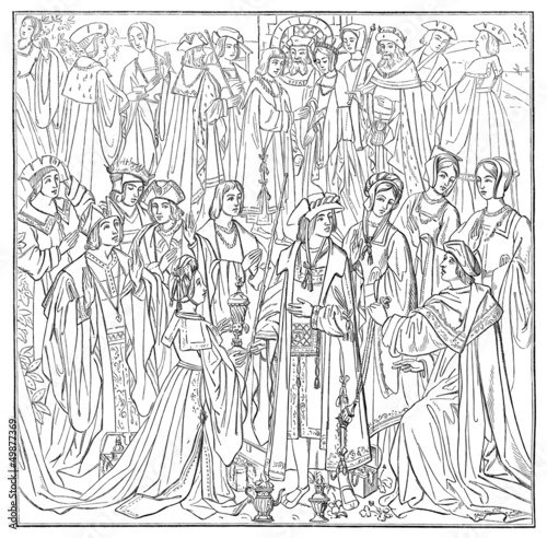 Illustration: Medieval Court Scene - Scène de Cour - 16th century Medieval Court Scene - Scène de Cour - 16th century