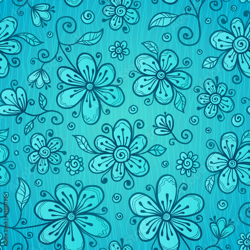 Vector: Blue line drawn flowers seamless pattern Blue line drawn flowers seamless pattern