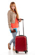 young girl with suitcase on white