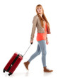 young girl with suitcase on white
