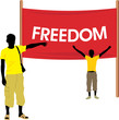 Male silhouettes and demonstration banner