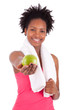 Young african american woman holding  an apple