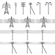 High voltage power lines. Electricity pylon silhouette. Vector
