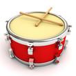 red drum and drumsticks on white background