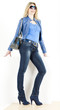 standing woman wearing blue clothes with handbag