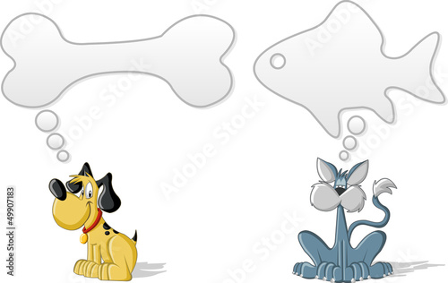 Vector: Dog and cat thinking about food with thought bubble Dog and cat thinking about food with thought bubble