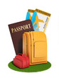 Sign trip. Illustration of a group of suitcases and a plane tick