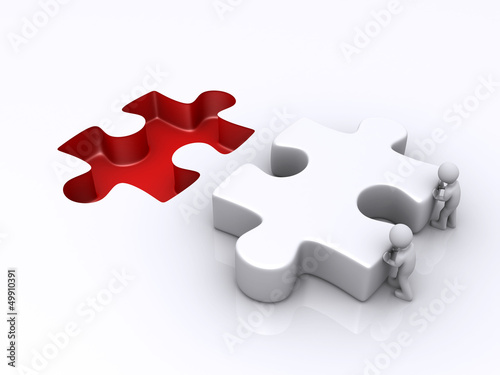 Illustration: Two persons are pushing last puzzle piece Two persons are pushing last puzzle piece