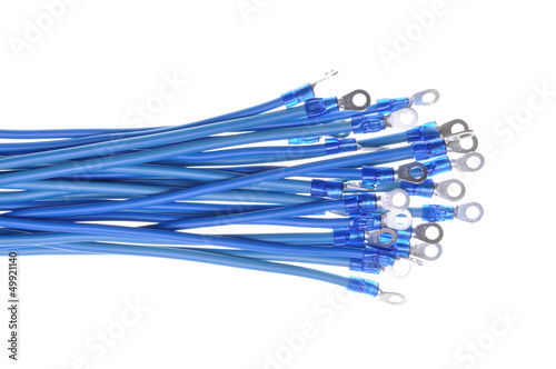 Photo: Electric wires with terminals isolated on white background Electric wires with terminals isolated on white background