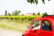 Mature man enjoying a road trip in a small red car