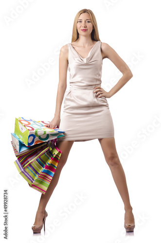 Photo: Tall girl after good shopping on white Tall girl after good shopping on white