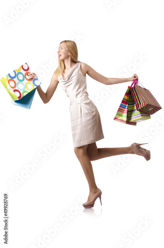 Photo: Tall girl after good shopping on white Tall girl after good shopping on white
