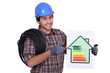 Electrician promoting energy savings.