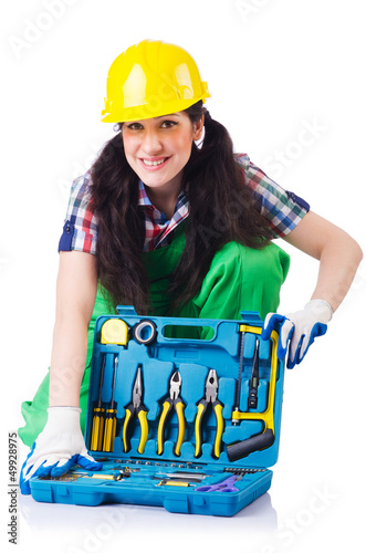 Photo: Woman builder isolated on white Woman builder isolated on white
