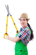 Woman gardener with shears on white