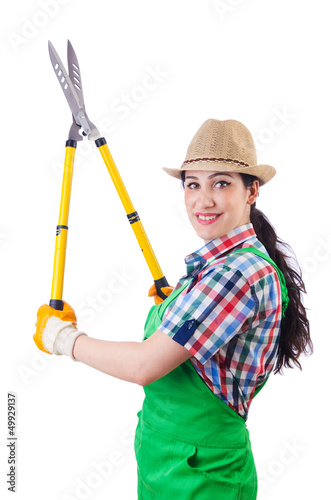 Photo: Woman gardener with shears on white Woman gardener with shears on white