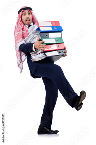 Photo: Arab businessman with many folders on white Arab businessman with many folders on white