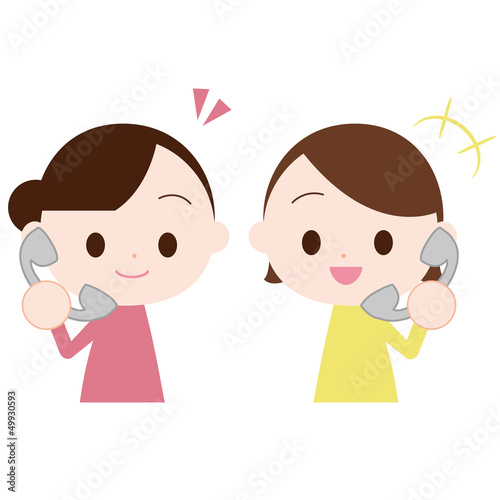 Illustration: 固定電話で話す女性二人 固定電話で話す女性二人