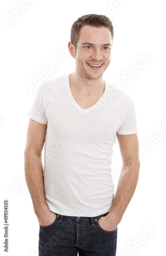 Photo: Gut aussehender junger Mann in T-shirt & Jeans - weiß isoliert Gut aussehender junger Mann in T-shirt & Jeans - weiß isoliert