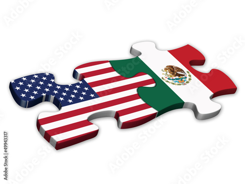 Illustration: US & Mexican Flags (Mexico American politics jigsaw) US & Mexican Flags (Mexico American politics jigsaw)