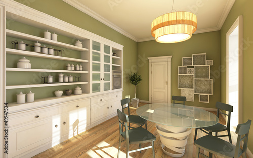 Illustration: Big Bright Kitchen In Green Colour Big Bright Kitchen In Green Colour