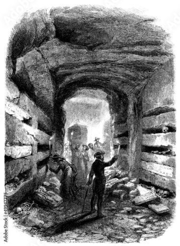 Illustration: Visiting Catacombs - 19th century Visiting Catacombs - 19th century