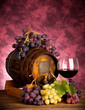Red wine bottle and wine glass on wodden barrel
