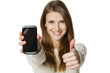 Closeup of happy woman showing mobile phone gesturing thumb up