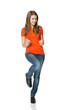 Full legnth of successful young female showing yes