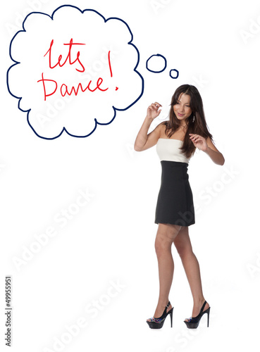 Photo: brunette girl thinking bubble - Dance concept brunette girl thinking bubble - Dance concept