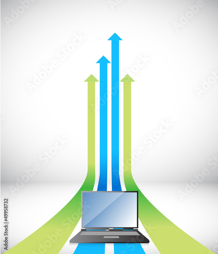 Photo: laptop Arrow rising toward same direction success laptop Arrow rising toward same direction success