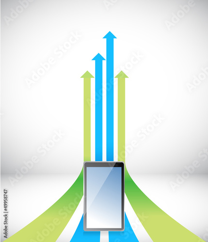 Illustration: tablet Arrow rising toward same direction success tablet Arrow rising toward same direction success