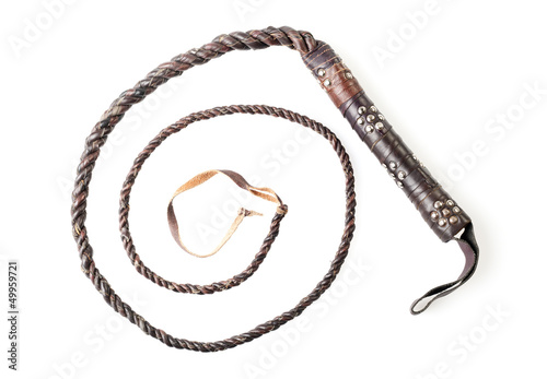 Photo: brown leather whip isolated on white background brown leather whip isolated on white background