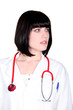A doctor glancing sideways