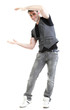 Full length portrait school boy show demonstrate isolated