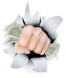 Cash fist breaking through wall