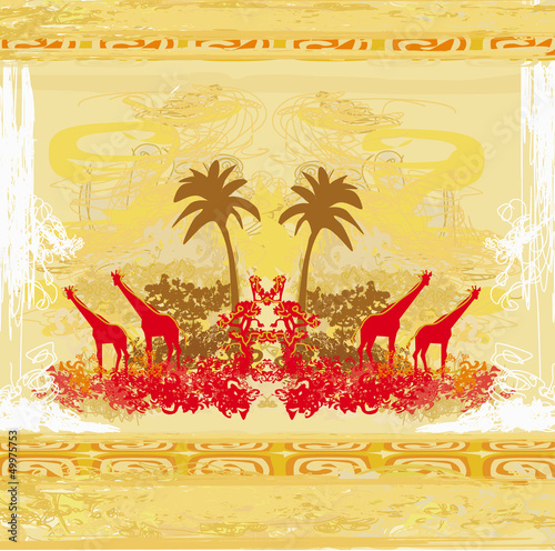 Illustration: grunge background with African fauna and flora grunge background with African fauna and flora