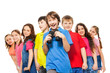 Happy boy with binoculars in a group