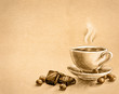 chocolate, nuts and cup of tea - drawing on old grunge paper