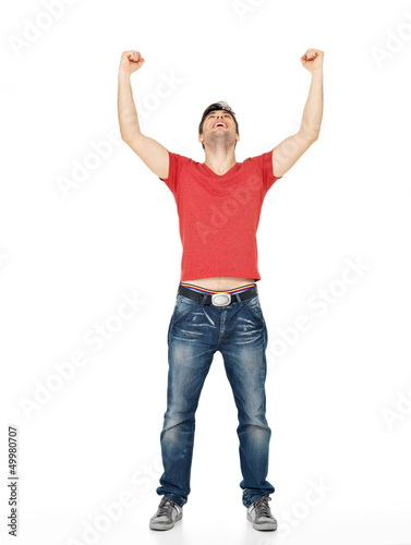 Photo: man with in casuals with raised hands up isolated man with in casuals with raised hands up isolated