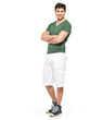 smiling happy man in white shorts and green t-shirt