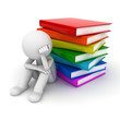 Worried 3d man sitting with stack of books over white