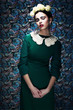 Romantic Young Styled Woman in Green Vintage Dress. Pin-up