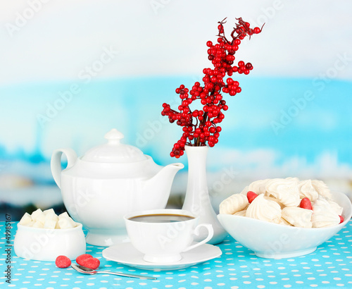 Photo: Beautiful white dinner service with an air meringues Beautiful white dinner service with an air meringues