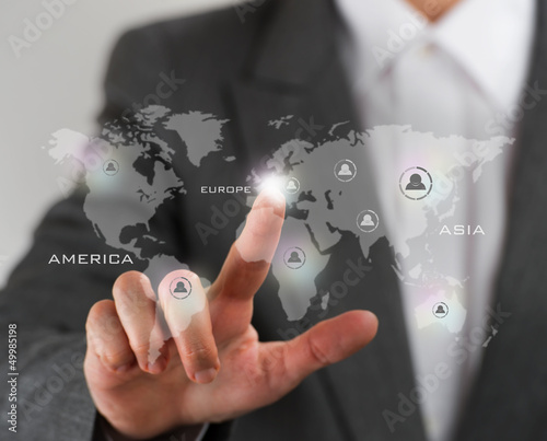 Photo: Future technology. Touch button interface. Business woman with v Future technology. Touch button interface. Business woman with v