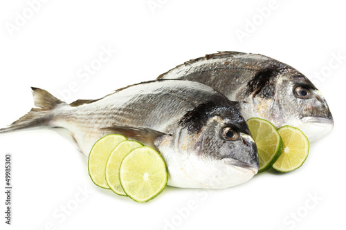 Photo: Two fish dorado with lemon isolated on white Two fish dorado with lemon isolated on white