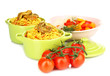 Delicious pilaf with vegetables isolated on white